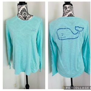 Vineyard Vines Women’s Teal Blue Logo Long Sleeve Crew Neck Cotton Top